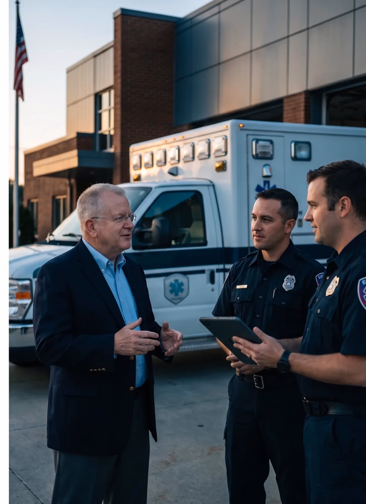 Four emergency responders stand together in front of an ambulance, ready for service.