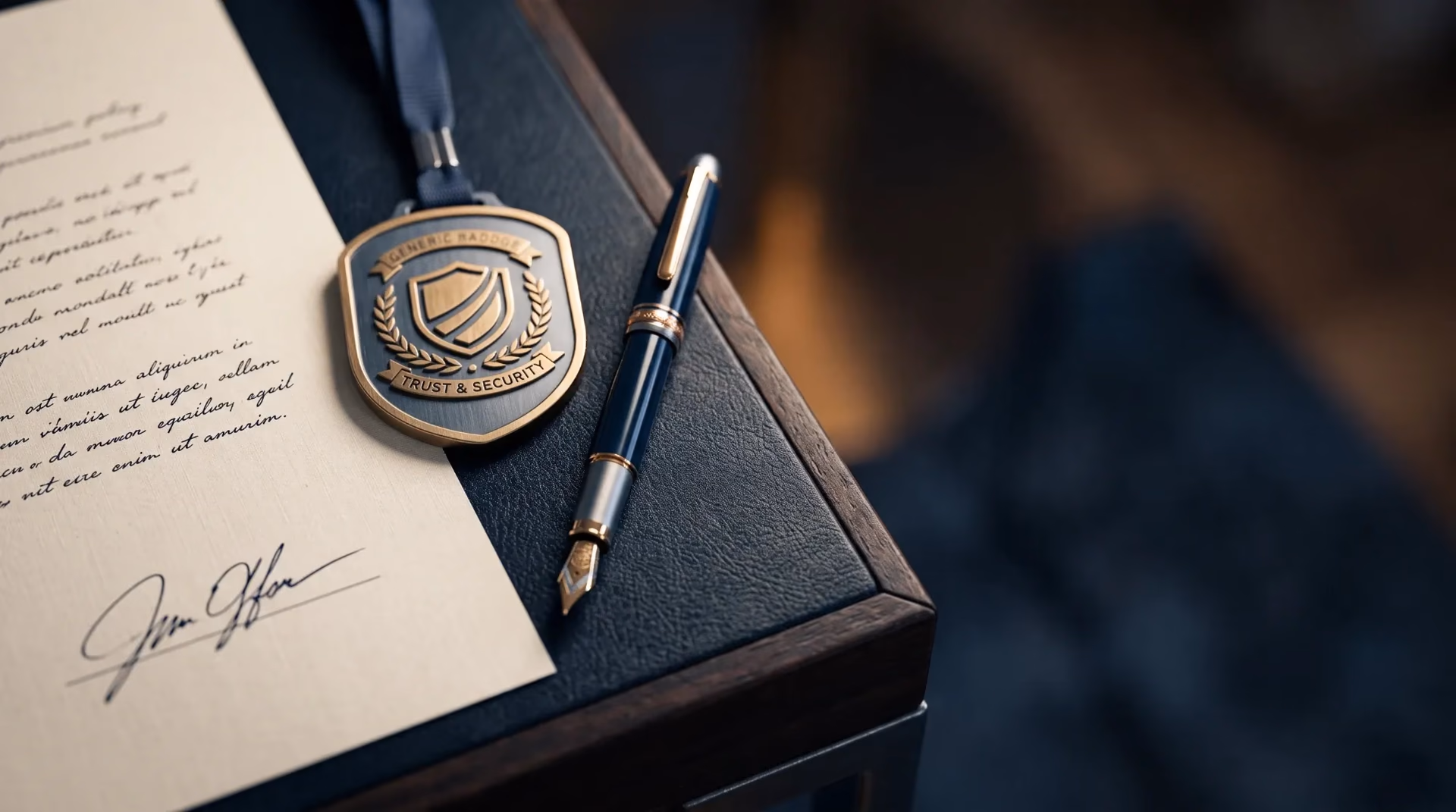 A signed policy document, generic badge, and fountain pen on a dark desk
