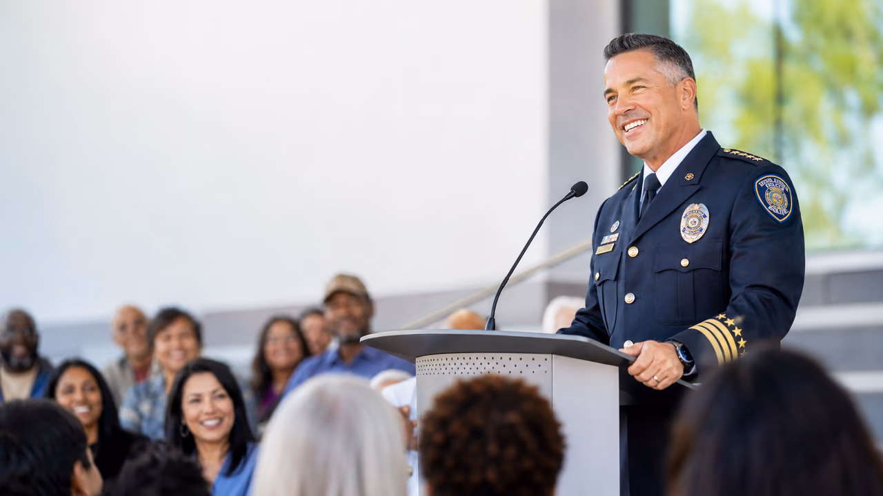 Police chief speaking at a podium during the Thatcher Lewis Executive leadership course for command staff